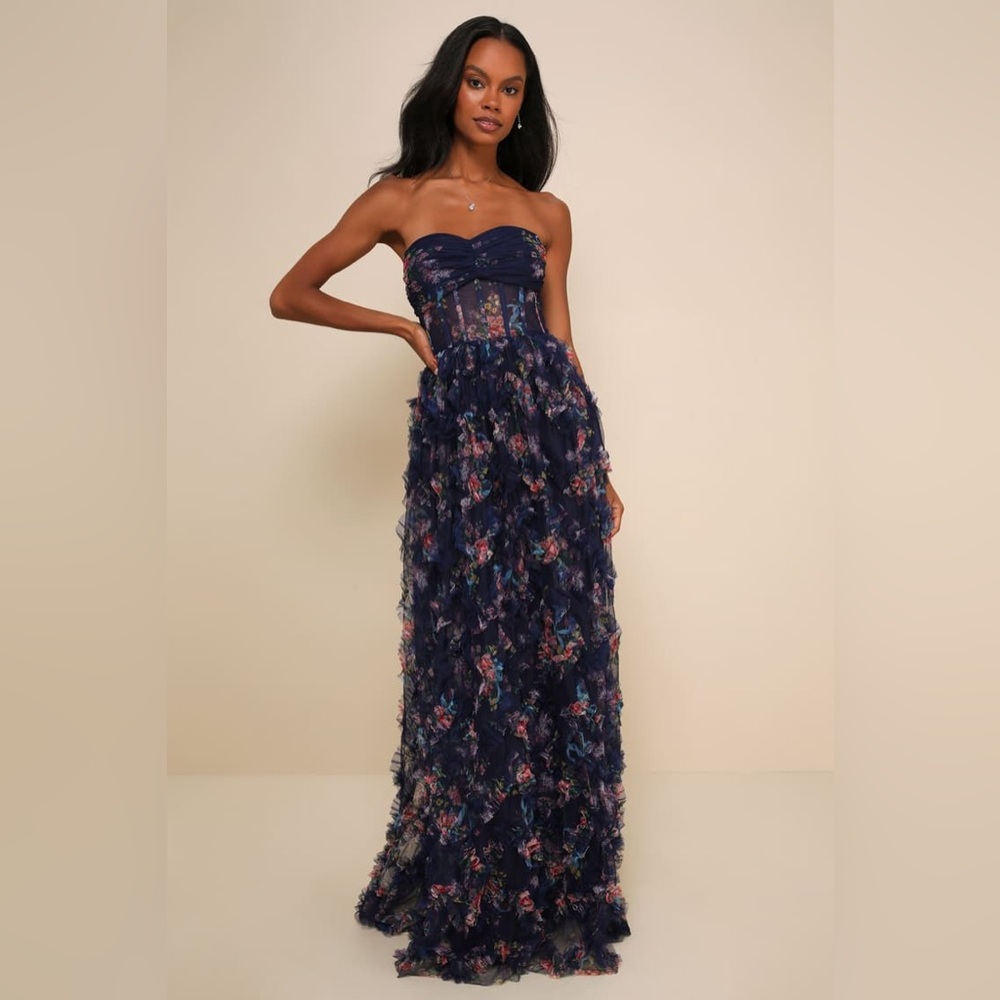Lulus‎ Stunning Element Navy Floral Mesh Ruffled Strapless
Maxi Dress NWT XS